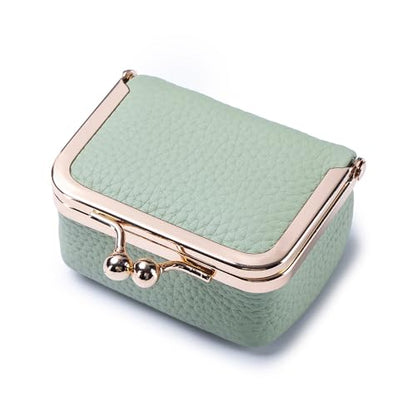 Genuine Leather Mini Jewelry Box & Coin Purse for Women, Travel Jewelry Case with Kiss Lock, Holds Earrings, Rings, Necklace, Bracelet, Coins (Green-L 2.95in) - color: Green-L 2.95in