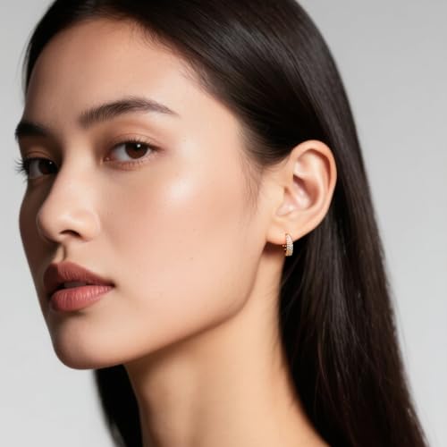 Dainty 14K Gold Plated Hoop Earrings for Women Small Gold Hoop Earring for Womens with Round Cubic Zirconia Lightweight Huggie Hoops Earring for Womens