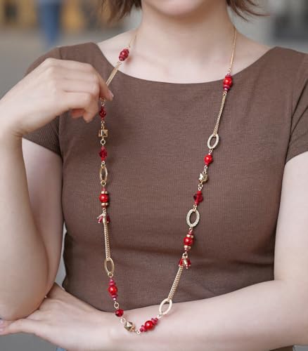 Long Gold Boho Necklaces for Women Beaded Statement Chain Long Necklace Gold Costume Jewelry Birthday Gifts for Her - color: Dark Red