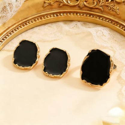 Statement Big Chunky Gold Black Two-tone Enamel Drip Ring Earrings Set for Women, Retro Large CZ Crystal Cocktail Rings Earring Geometric Jewelry Gift - color: Black 2
