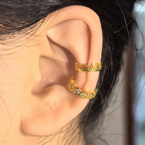 2 Pairs Ear Cuff Earrings for Women 14K Gold Plated Non Tarnish Gold Ear Cuffs Set Cute Fake Piercings Earings Rhinestones Clip On Earrings Wraps Jewelry - color: Gold-1