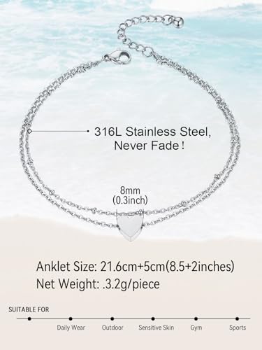FaithHeart Waterproof Ankle Bracelets for Women, 1/2/3Pcs Non Tarnish Stainless Steel Layered Anklet Set Paperclip Figaro Cuban Link Chain Dainty Summer Beach Jewelry Gift Adjustable Size - style: b.Heart - Silver