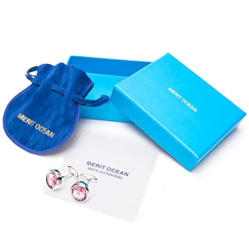 Mens Cufflinks Elegant Style Cuff Link Super Shiny Navy Blue Crystal Circular Cufflinks with Gift Box - color: Pink