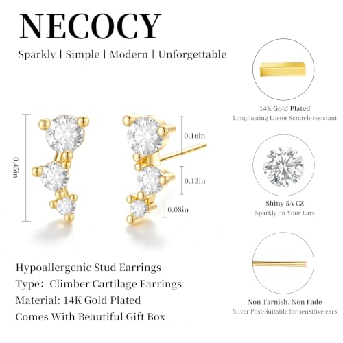 Ear Climber Earrings for Women, 14K Gold Plated/Silver Plated | Crawler Earrings Pierced with Cubic Zirconia, Hypoallergenic Cluster Stud Tragus Conch Daith Cartilage Jewelry Gift for Daily - color: Gold-3