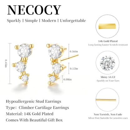 Ear Climber Earrings for Women, 14K Gold Plated/Silver Plated | Crawler Earrings Pierced with Cubic Zirconia, Hypoallergenic Cluster Stud Tragus Conch Daith Cartilage Jewelry Gift for Daily - color: Gold-3