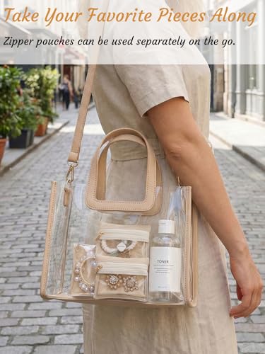 Hacaroa Large Travel Jewelry Case with 12 Velvet Pouches, 8.3 x 4.5 x 3.5 inches Jewelry Storage Organizer Box PU Leather, Clear Necklace Earrings Rings Bags for Women Wedding Gifts, Cream White