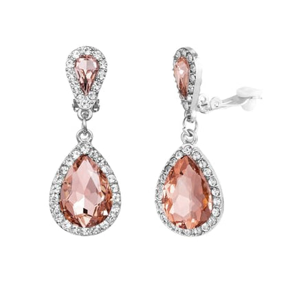 Classic Austrian Crystal Tear Drop Clip on Dangle Earrings for Women - color: Orange