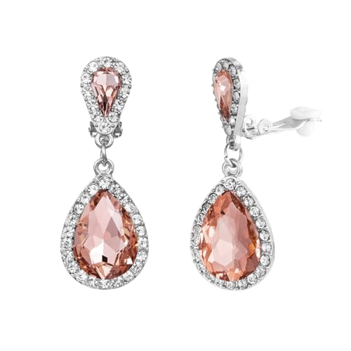 Classic Austrian Crystal Tear Drop Clip on Dangle Earrings for Women - color: Orange