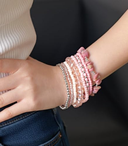 Noessla Boho Beaded Bracelets for Women Stackable Irregular Natural Stone Bead Stretch Bracelet Set 8PCS Costume Jewelry Gifts for Her - color: Pink