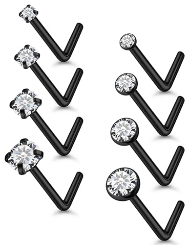 18G 20G 22G Titanium Stainless Surgical Steel Nose Rings Studs for Women L Shaped Nose Studs Screw Nose Ring Piercing Jewelry for Women Men Diamond CZ 1.5mm 2mm 2.5mm 3mm Silver Black Gold - style: 18g/Clear CZ/L-shaped/Black