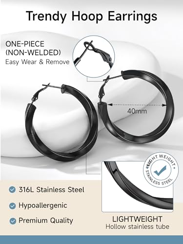 PROSTEEL Chunky Hoop Earrings for Women 14K Gold Plated/Black/Silver | 20/30/40/50/60/70/80mm Stainless Steel Thick Big Round Hoop with Waterproof and Non Tarnish Trendy Jewelry with Gift Box - color: 4. Black, size: 40MM