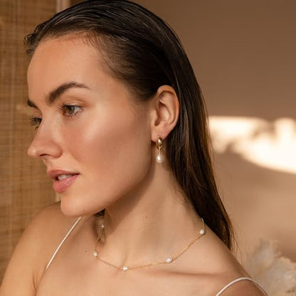 Pearl Earrings for Women 14K Gold Freshwater Pearl Hoop Earring Dangle Drop Wedding Earrings Bridal Bridesmaid Jewelry Gifts for Women - color: Gold Pearl Drop Hoops