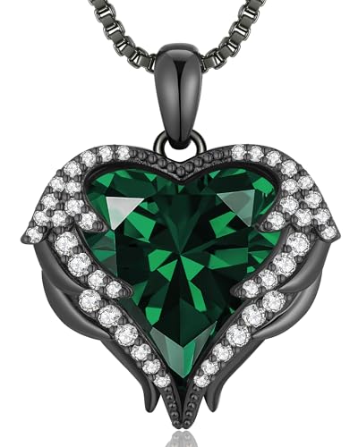 CDE Angel Wings Heart Birthstone Pendant Necklace Gift for Women | Silver/Gold Tone,Ideal Birthday & Anniversary Jewelry Gift for Wife,Girlfriend,Her - color: Black-05-Emerald Green Birthstone