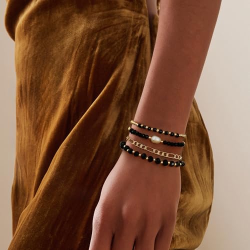 Badu Gold Beaded Bracelets for Women Boho Crystal Multiple Layered Stackable Wrap Bangle Set Paperclip Chain Trendy Jewelry - color: Gold-black