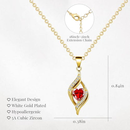 Birthstone Necklace for Women, 14K Gold Plated Heart Cubic Zirconia Pendant, Dainty Birthstone Jewelry Necklace Gifts for Birthday, Valentine’s Day Mother's Day - color: July-Ruby