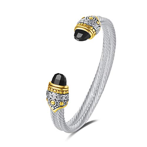 Designer Inspired Jewelry Double Cable Wire Facet CZ Antique Bangle Elegant Beautiful - color: Black