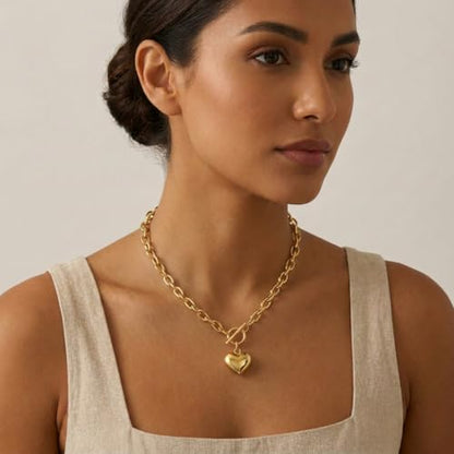 18K Gold Plated Chunky Link Chain Heart Pendant Jewelry for Women, Fashion Statement Accessory, Birthday Gift for Her - color: Gold-Necklace