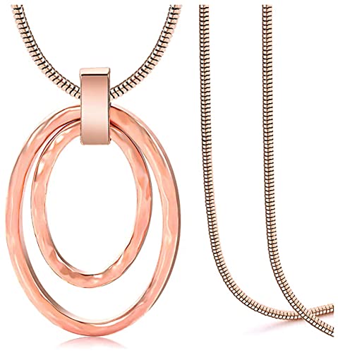 NVENF Long Sweater Chain Double Circle Pendant Necklace Bold Snake Chain Women Statement Necklace - color: C Rose Gold