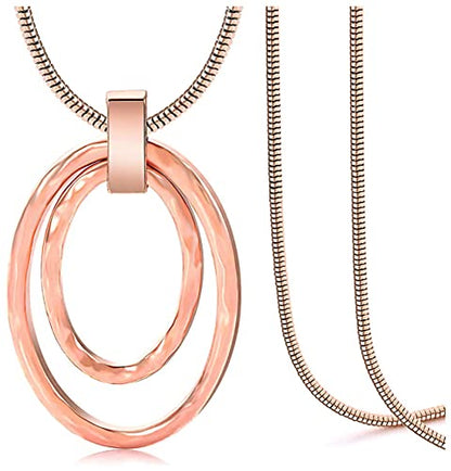 NVENF Long Sweater Chain Double Circle Pendant Necklace Bold Snake Chain Women Statement Necklace - color: C Rose Gold