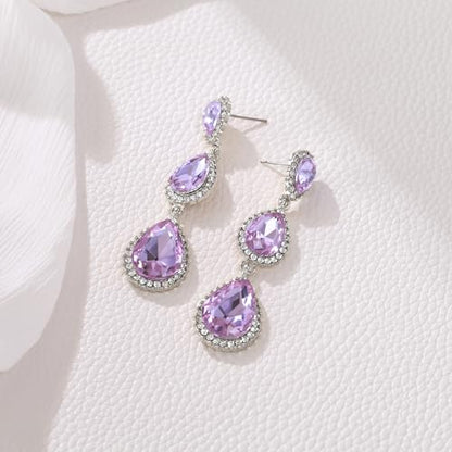 EleQueen Women's Crystal Teardrop Pear Shape 2.5 Inch Long Earrings | Dangle Earrings for Women, TearDrop Crystals Earrings for Bride Bridesmaid, Prom Jewelry for Wedding - color: Light Purple Silver-Tone