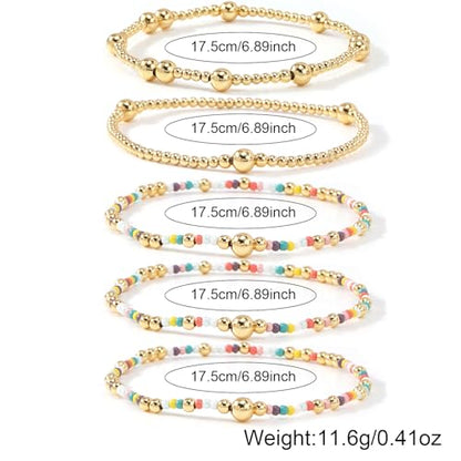 14K Gold Plated Beaded Bracelets Stack Set for Women,Stretch Boho Ball Jewelry Friendship Trendy - color: Colorful Pink