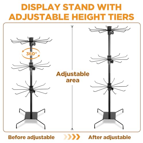 3 Tier 28.3 x 11.8 Inch Rotating Display Stand, Earring Display Rack, Black Metal Retail Display Stand with Hooks for Necklace, Bracelet, Earrings, and Keychains, Adjustable Height