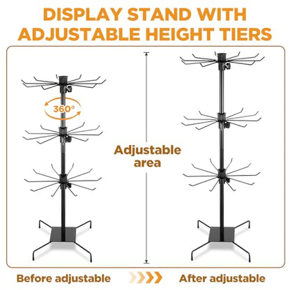 3 Tier 28.3 x 11.8 Inch Rotating Display Stand, Earring Display Rack, Black Metal Retail Display Stand with Hooks for Necklace, Bracelet, Earrings, and Keychains, Adjustable Height
