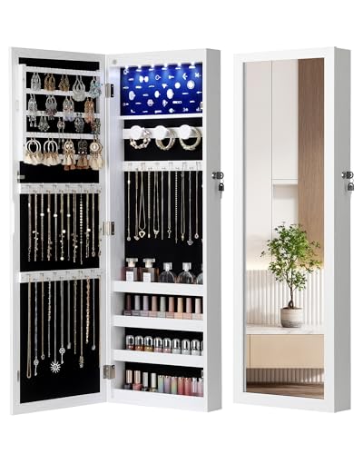 6 LEDs Jewelry Armoire, Hanging Mirror Jewelry Cabinet, White | Over the Door Jewelry Organizer, Lockable Mirror with Jewelry Storage, Auto-on Light, Gift Idea, Easy Assembly - color: White