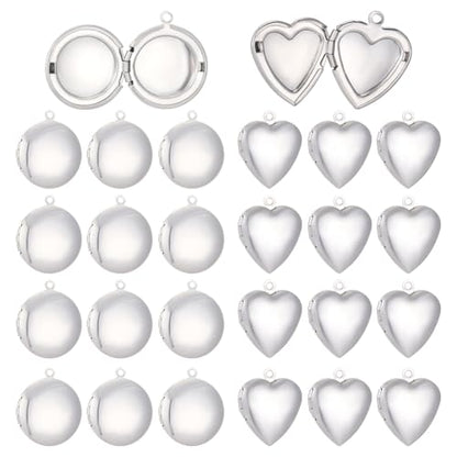 24Pcs Heart Photo Frame Charm 2 Styles Flat Round Stainless Steel Photo Locket Pendants Blank Memory Locket Picture Charms for Necklace Jewelry Making DIY Craft Women Gift - size: Multi 2 Size