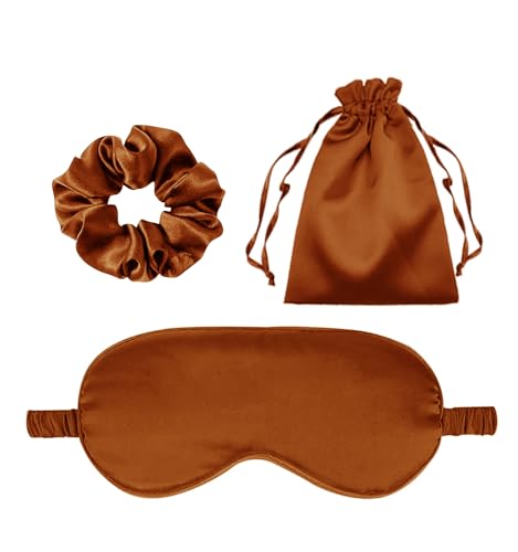 3Pcs Satin Eye Mask Silk Sleep Masks Set Silky Blindfold Eyeshade Blackout Eyes Cover Pouches Bag Scrunchy Wedding Gift - color: Maple