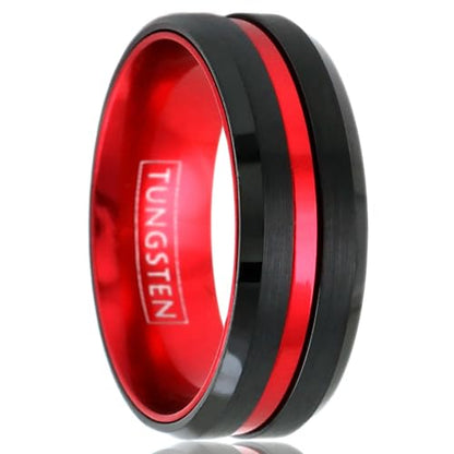 Awesome 6mm/8mm Brushed Satin Finish Black Tungsten Carbide Band Ring with Red Anodized Aluminum Inner Band & Recessed Stripe.
