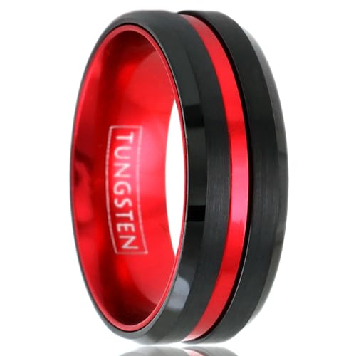 Awesome 6mm/8mm Brushed Satin Finish Black Tungsten Carbide Band Ring with Red Anodized Aluminum Inner Band & Recessed Stripe.