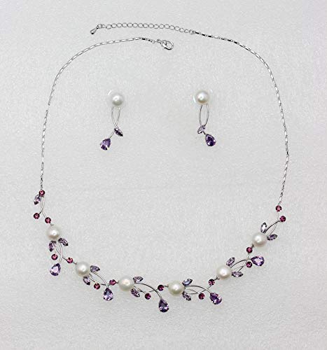 Faship Genuine 10mm Freshwater Pearls Floral Necklace Earrings Set | Premium CZ Crystal, Gorgeous, Sparkling - color: Purple