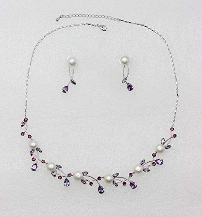 Faship Genuine 10mm Freshwater Pearls Floral Necklace Earrings Set | Premium CZ Crystal, Gorgeous, Sparkling - color: Purple
