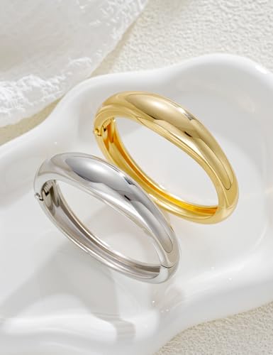 Chunky Gold Bangle Bracelets for Women, Dainty 14k Gold Plated Big Stackable Bangles Set, Trendy Statement Cuff Bracelet Stack Fashion Jewelry Gifts - style: 2 Silver & gold bangles