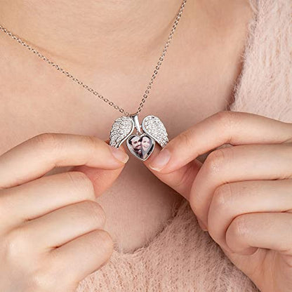 AILIN Personalized Angel Wing Locket Necklace Sterling Silver 925/Brass Custom CZ Heart Picture Locket Necklace For Her Guardian Angel Family Photo Pendant For Women Valentine Mother Birthday Gifts