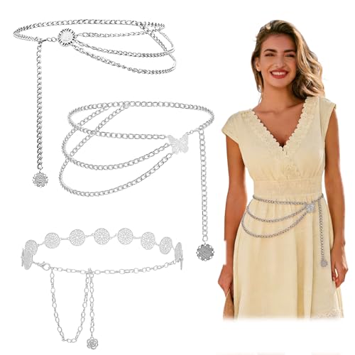 3 Pcs Gold Chain Belt for Women, Adjustable Waist Chain with Clover Butterfly Disc Pendants, Body Jewelry, Boho Belts for Women, Summer Beach Party - color: Silver