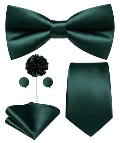 Hi-Tie 5Pcs Mens Solid Color Silk Tie Satin Pretied Bowtie Lapel Pin for Men Handkerchief Cufflink Wedding Gift Box - color: Dark Green
