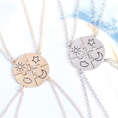 3pcs Friendship Moon Sun Star Puzzle Matching Necklace Set Gold Silver Plated Cute Crescent Round Circle Geometric Best Friend BFF Pendant Necklace for 3 Women Sisters Daughter Birthday Jewelry Gifts - color: 4pcs gold necklace