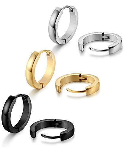Jstyle 3Pairs Hypoallergenic 316L Stainless Steel Hoop Earrings 12/16/20MM | Silver Gold Black Hoop Earrings Set for Men Women Non Tarnishing Comfort Fit Sleeper Earrings Lightweight Trendy Jewelry Gift - size: 16mm