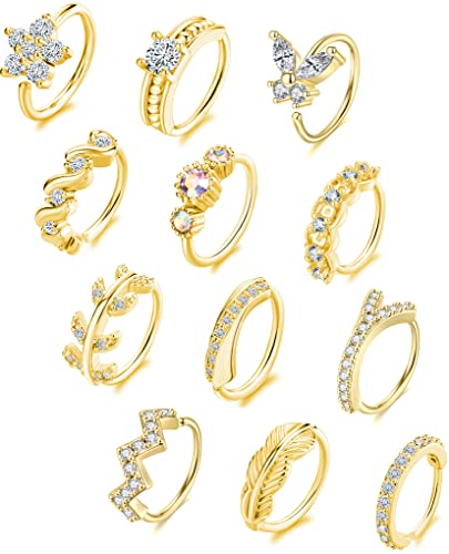 Akeoqi 12Pcs Nose Ring Hoop Cartilage Earring Cute Leaf Star CZ Butterfly Paved Nose Piercing Jewelry for Women men Silver Gold Plated 20G - color: B:Gold2