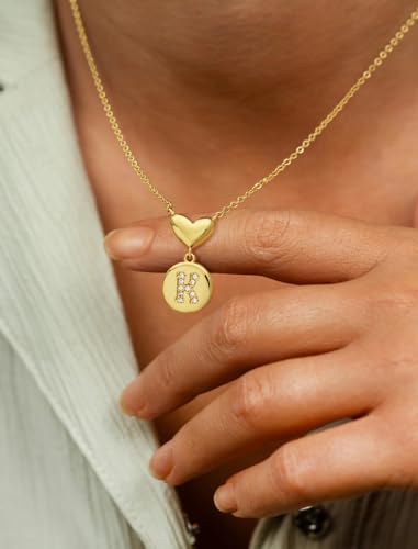 Howoo 14K Gold Plated Initial Necklace for Women Heart Necklace for Women Round Zircon Letter Pendant Plated Adjustable Necklaces Birthday Galentines Valentine Gifts Jewelry - color: S, style: style 1