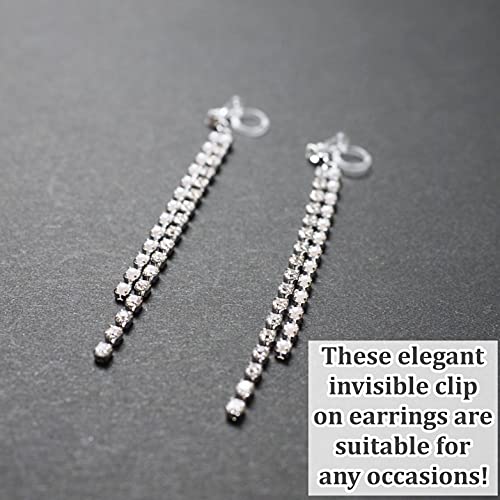 Dangle Silver Invisible Clip On Earrings for Women Not Pierced Gold Crystal Rhinestone Comfortable Hoop Fringe Long Chain Clip On Earrings - color: Pearl & Crystal