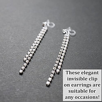 Dangle Silver Invisible Clip On Earrings for Women Not Pierced Gold Crystal Rhinestone Comfortable Hoop Fringe Long Chain Clip On Earrings - color: Pearl & Crystal