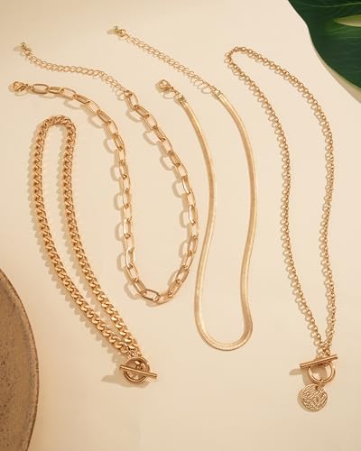 Gold Layered Necklaces for Women Chunky Layered Gold Link Chain Necklaces Trendy Paperclip Herringbone Toggle Clasp Necklace Statement Jewelry Accessories for Her - color: A4:layered western necklaces
