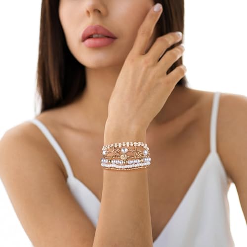 Summer Surfer Heishi Bracelet Set for Women Stackable Gold Plated Clay Ploymer Bead Stretch Pink Beach Layering Bracelets Jewelry - color: A-Starfish bracelet 6pcs
