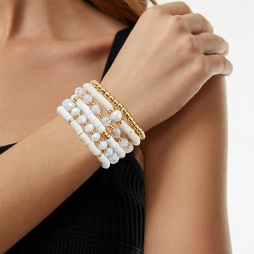 Boho Beaded Stretch Bracelets For Women Stackable Crystal Gold Plated Beaded Bracelets Set Trendy Handmade Friendship Braeclet Jewelry Gifts - color: F-XWhite 6pcs