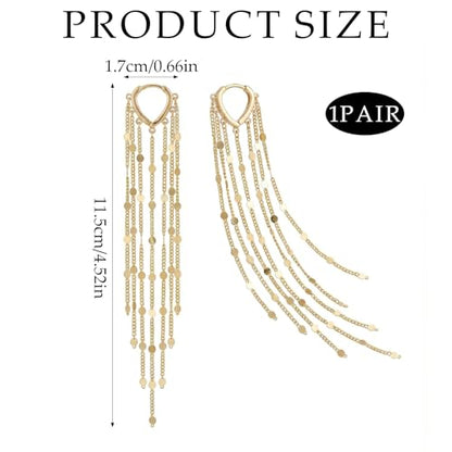 Gold Chandelier Earrings for Women, Long Tassel Earrings Dangle Drop with Secure Huggie Hoop, Lightweight Formal Earrings Chain Fringe Statement Jewelry for Prom Wedding Party (Gold)