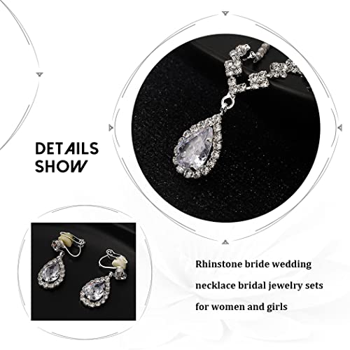 JAKAWIN Silver Clip On Earrings and Necklace Set Wedding Jewelry Sets | Rhinestone Bridal Necklaces for Women