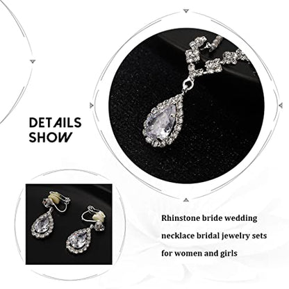 JAKAWIN Silver Clip On Earrings and Necklace Set Wedding Jewelry Sets | Rhinestone Bridal Necklaces for Women